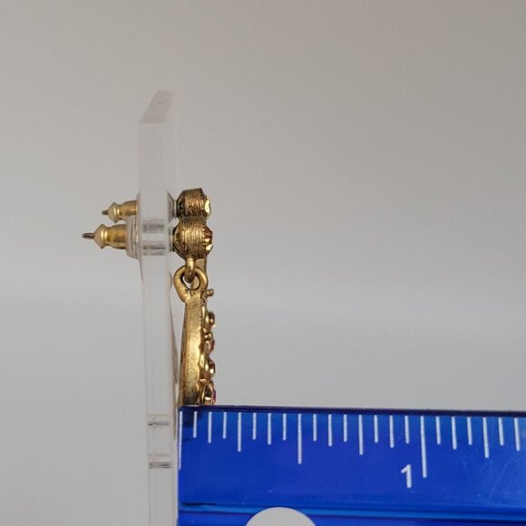 Vintage Womens Gold Toned Floral Rhinestone Tear Drop Dangle Pierced Earrings - Picture 7 of 9